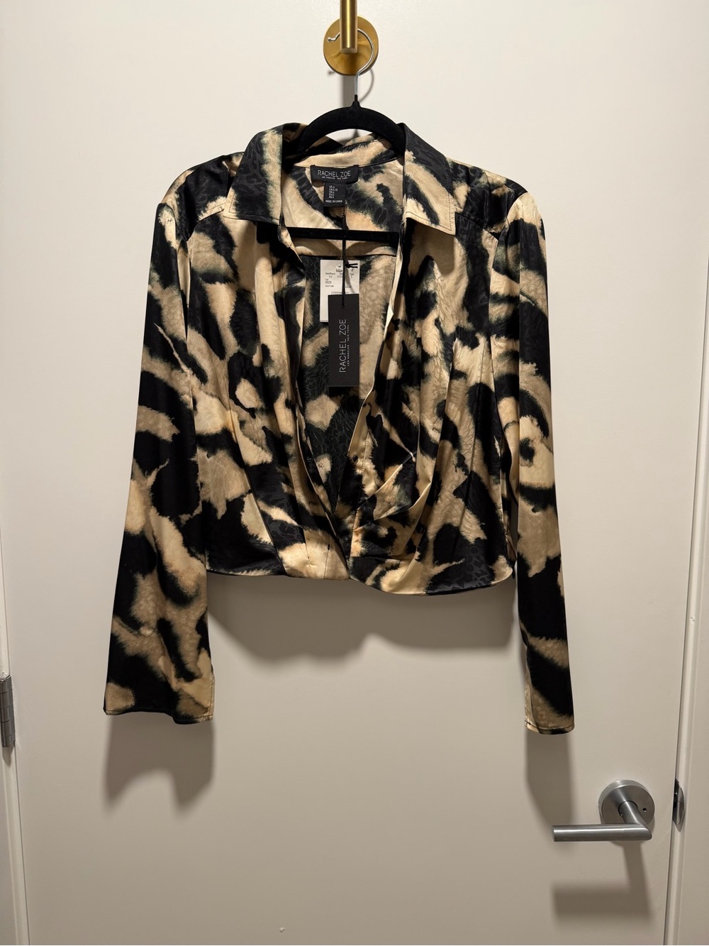 Rachel Zoe Black & Cream Animal Print Satin Draped Button Down